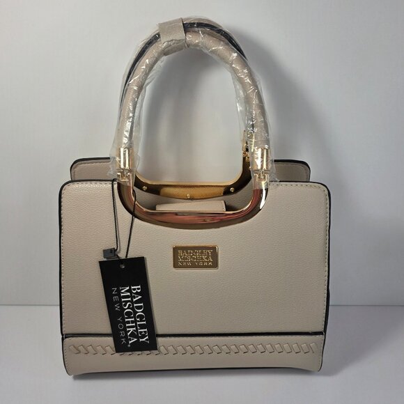 Badgley Mischka Handbags - Badgley Mischka New York Top Handle Satchel Cream Gold Frame Structured Handbag